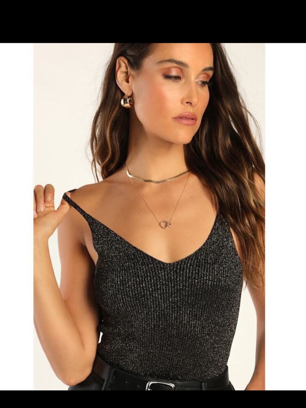 Lulu's Shimmery Black V-Neck Sleeveless Bodysuit